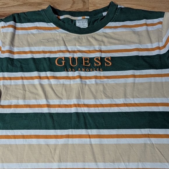 Vintage Guess Men XL TShirt Green Orange Los Angeles Striped Made in India - Picture 1 of 9